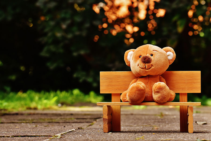 Brown teddy bear on brown wooden bench outside