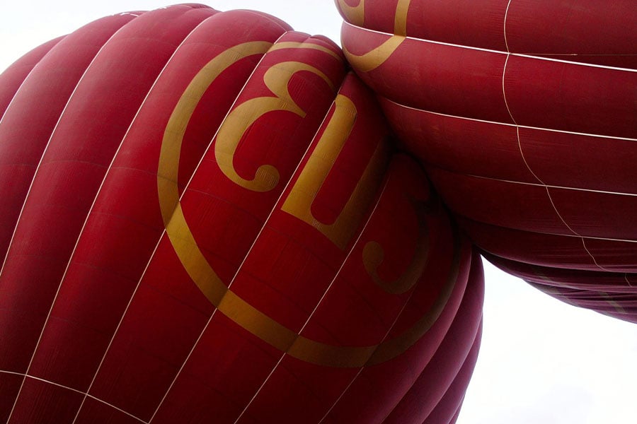 Hot air balloon over city Bagan Myanmar