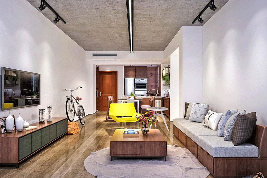 Salón moderno con distribución diáfana