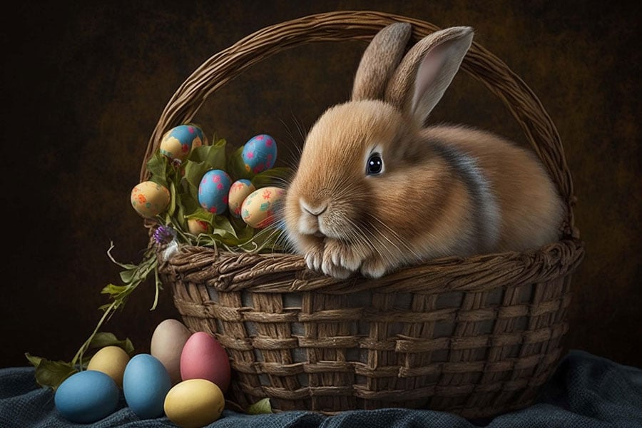 Conejo en una cesta con huevos de Pascua