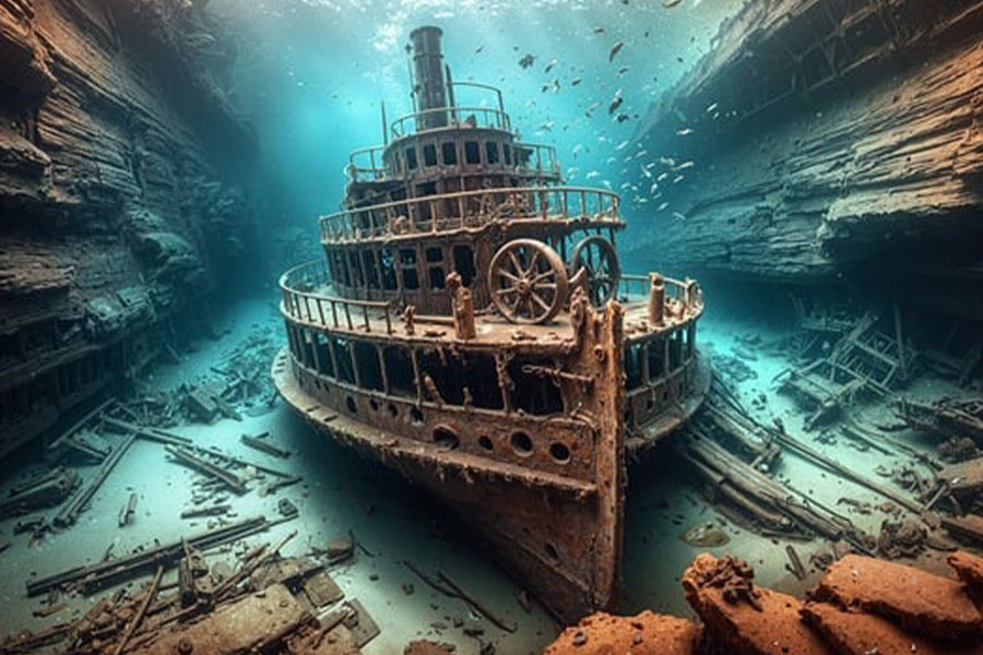 Naufragio varado en el fondo marino