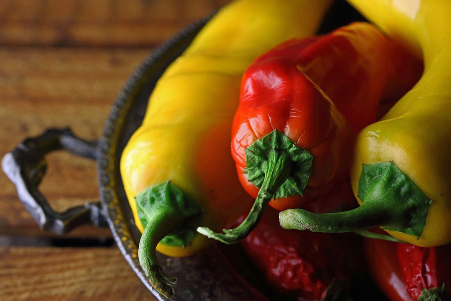 Auswahl an langen roten und gelben Paprikaschoten