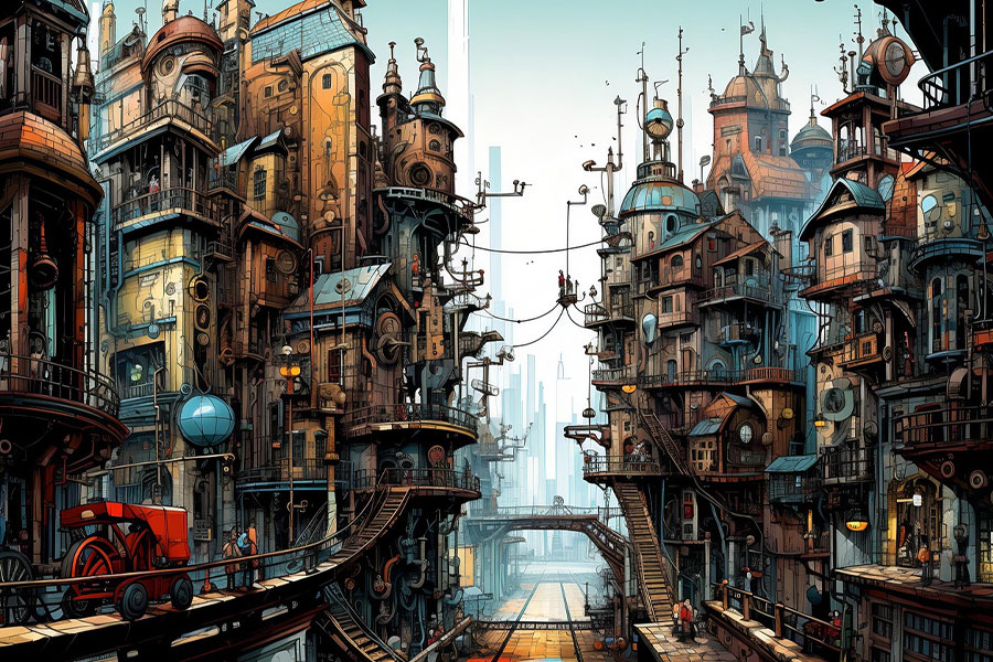 Stadt im Steampunk-Stil