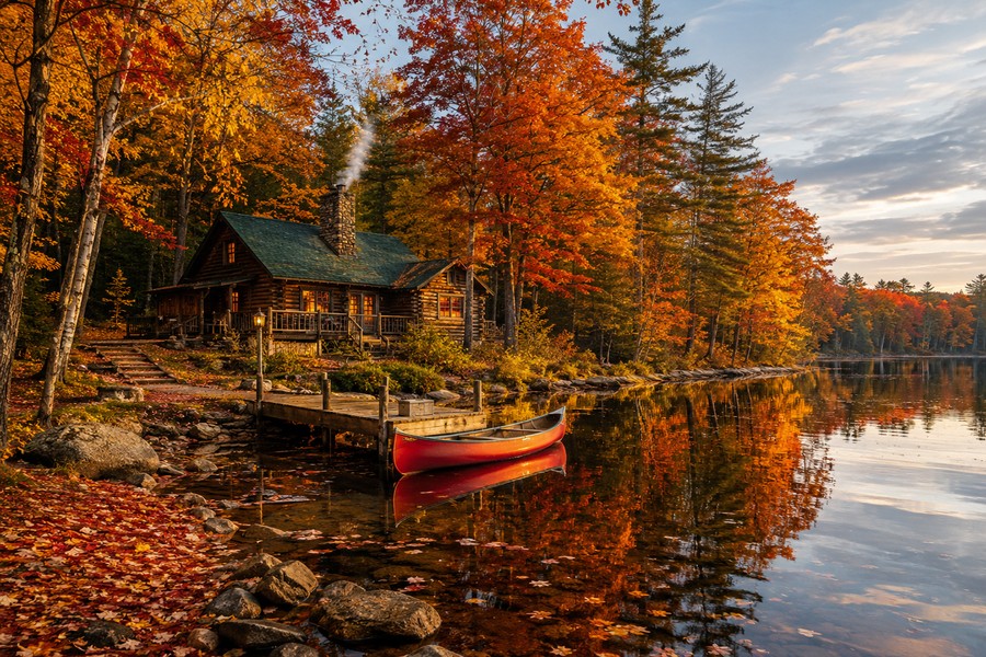 Autumn log cabin by lake with red canoe