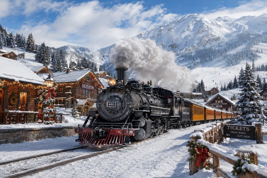 Snowy silverton steam train
