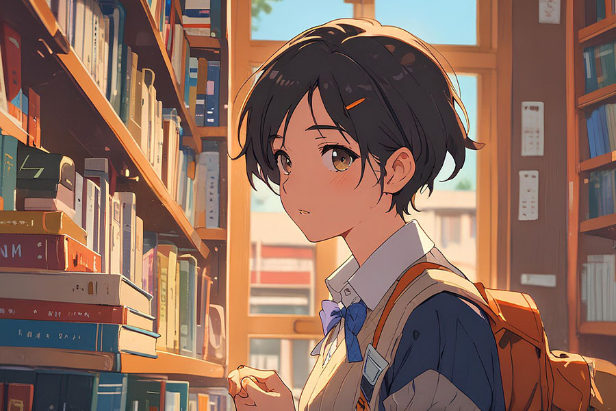 Una ragazza in biblioteca