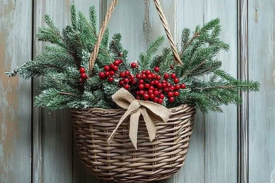 Cestino decorativo intrecciato appeso a una porta