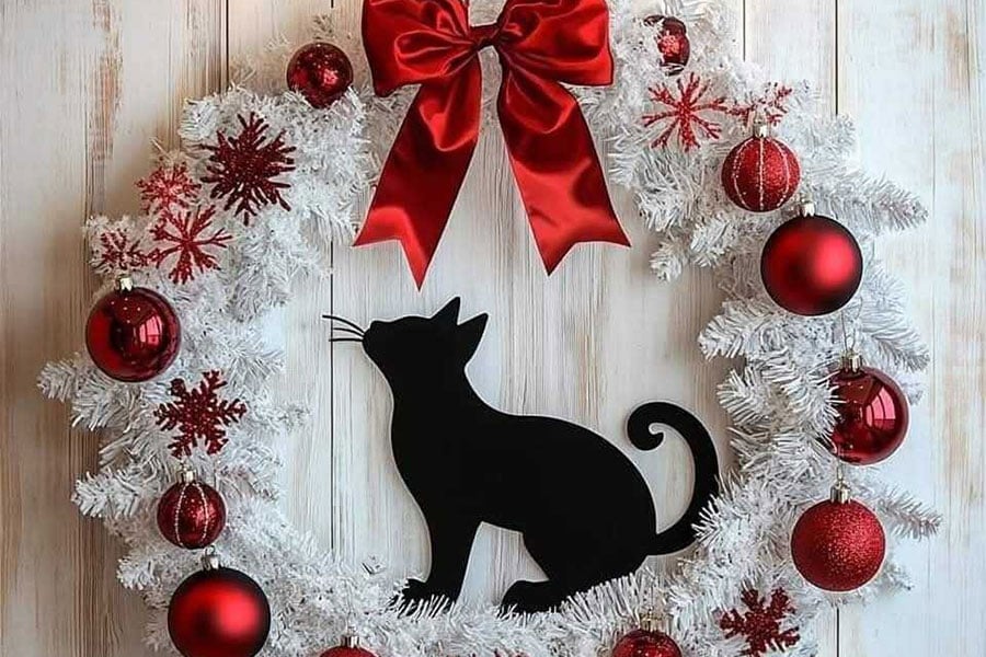 Ghirlanda natalizia bianca decorata con ornamenti rossi e gatto nero