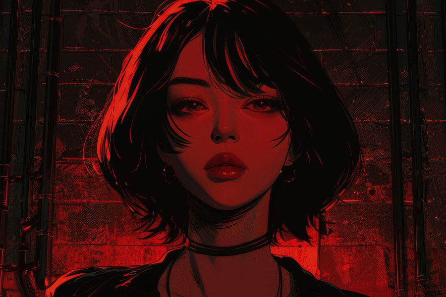Giovane donna con i capelli corti anime