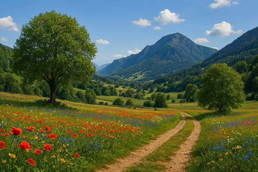 Bellissimo paesaggio naturale con cuccioli di fiori
