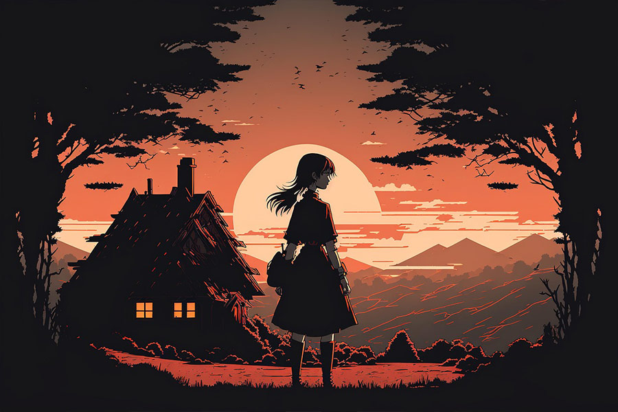 Ragazza che torna a casa al tramonto