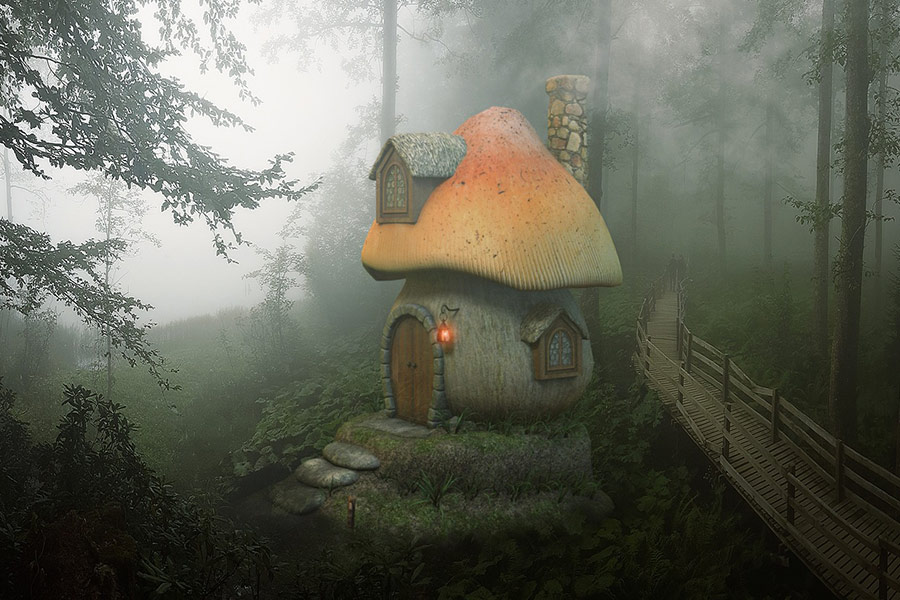 Foresta di casa di funghi fantasy