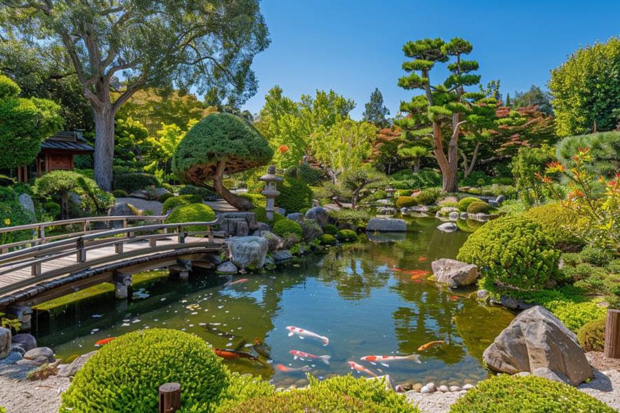 Giardino giapponese del tè con laghetto e ponte