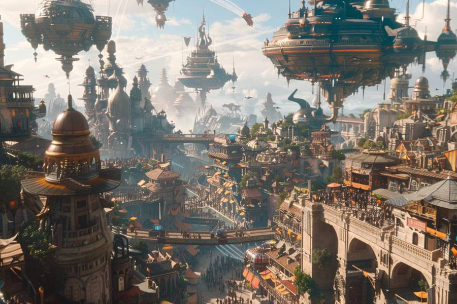 Città fantasy movimentata con guglie torreggianti che fluttuano