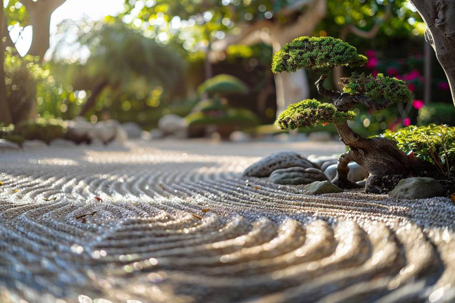 Giardino zen con ghiaia meticolosamente rastrellata