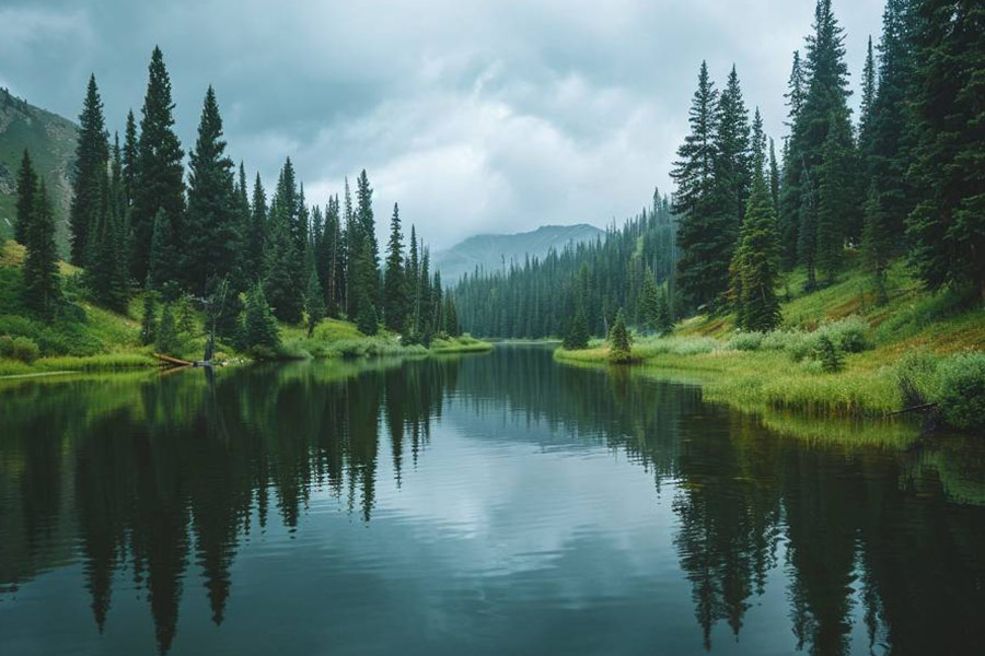 De grands pins au bord du lac
