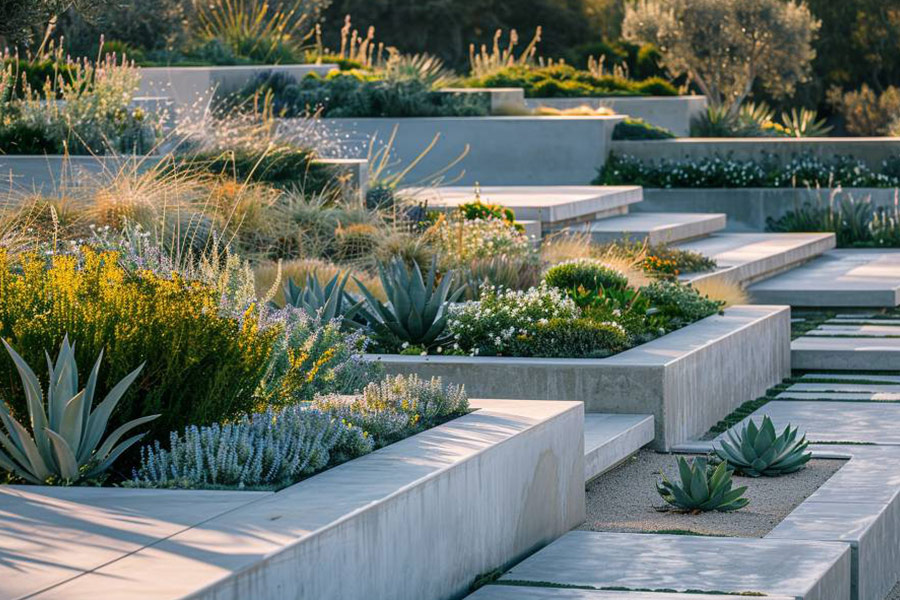 Giardino minimalista con percorso in cemento