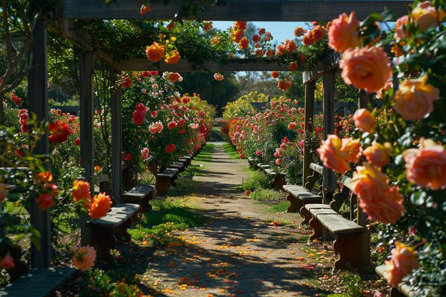 Tan hermosas filas de rosas en flor.