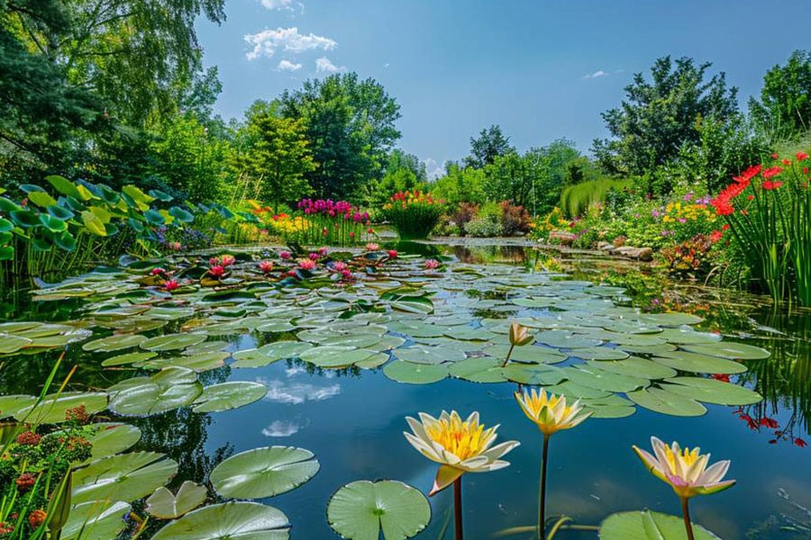 Ruhiger Gartenteich, umgeben von blühenden Seerosen