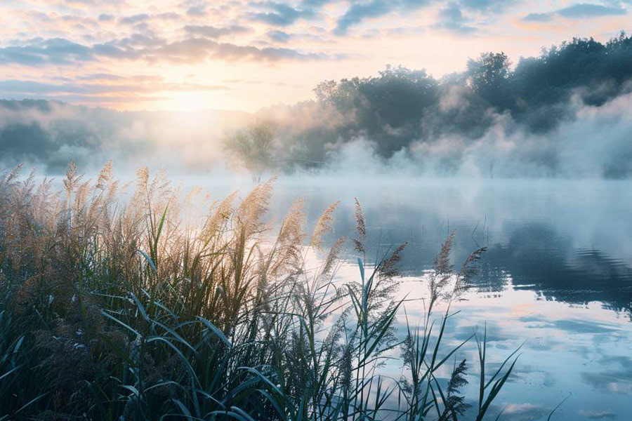 See im Morgengrauen mit Nebel