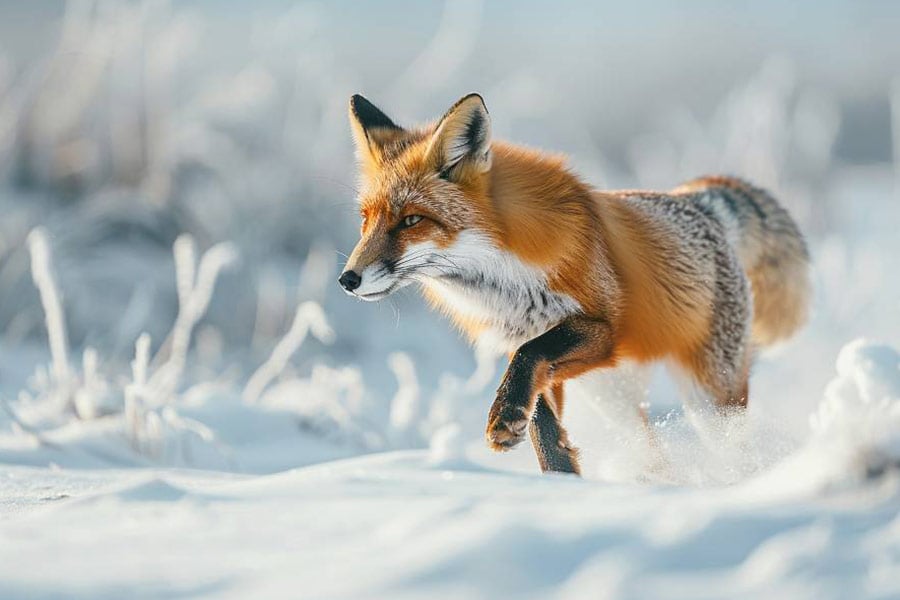 Vos speelt rennend door de sneeuw