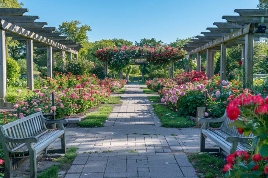 Rosengarten mit Reihen blühender Rosenblüten
