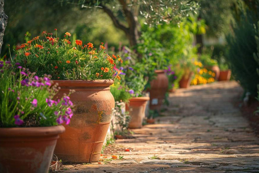 Giardino mediterraneo con piante in terracotta
