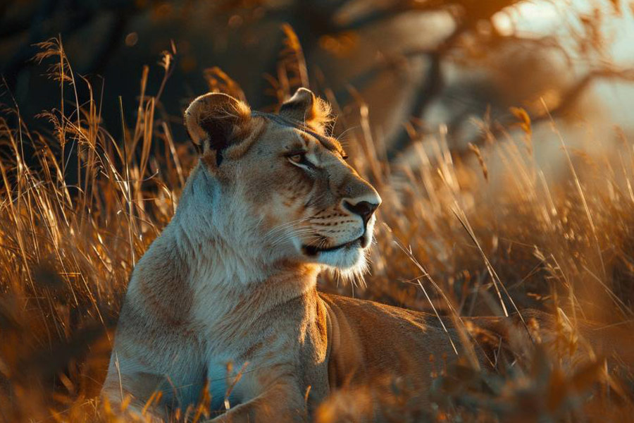Lion majestueux se reposant dans l'herbe