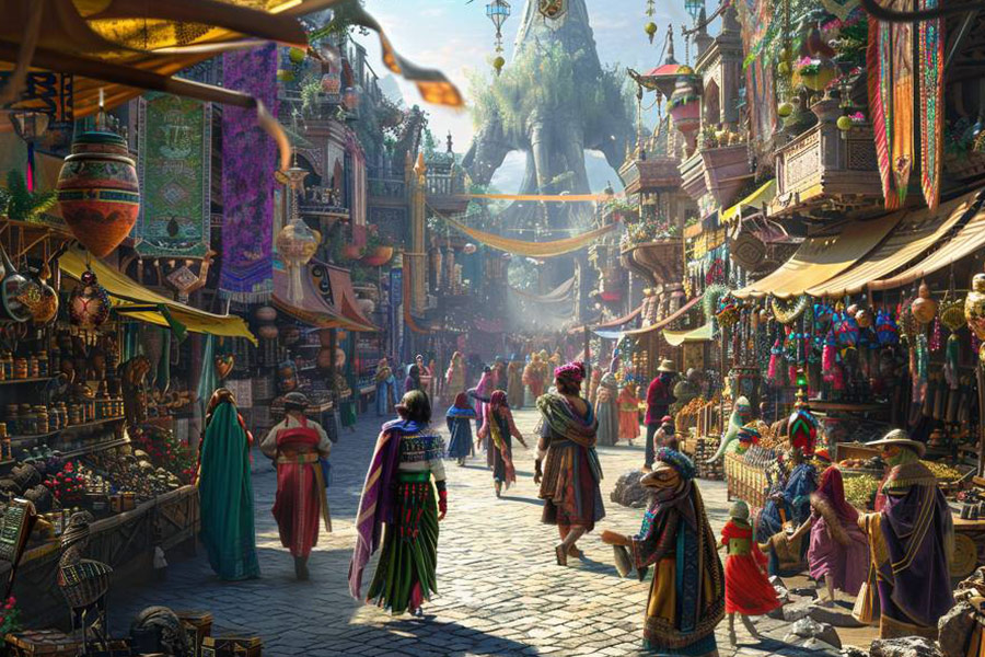 Luogo di fantasia con scena di mercato
