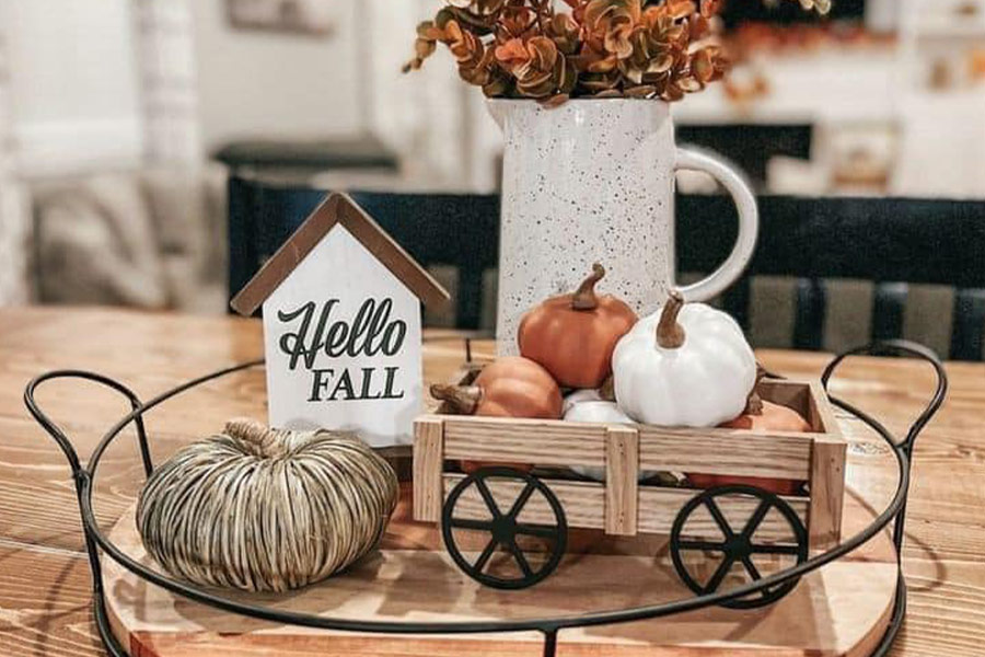 Diversi tipi di decorazioni autunnali di zucca