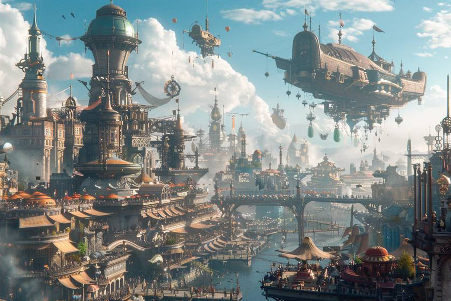 Una città fantastica e movimentata_con guglie torreggianti che fluttuano
