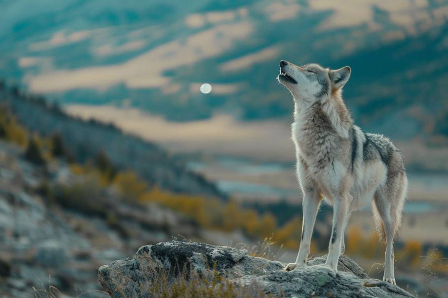 Loup hurlant dans la montagne rocheuse
