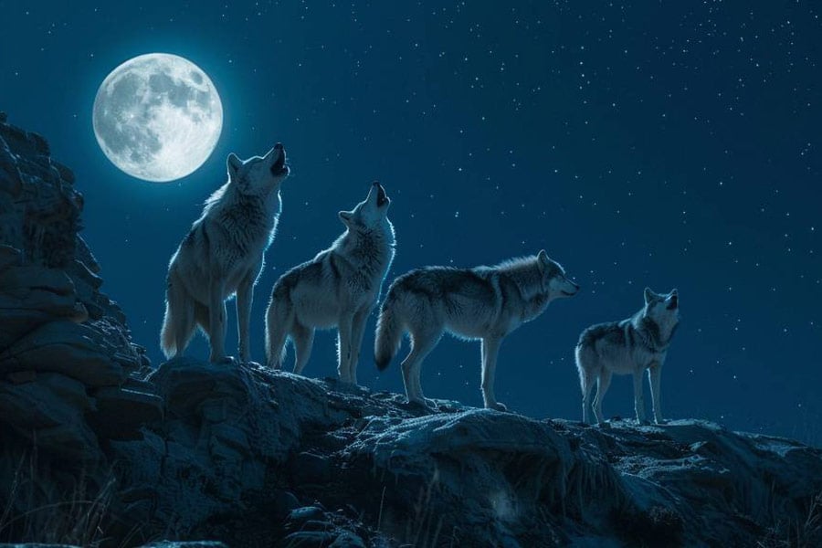 Des loups dans un affleurement rocheux