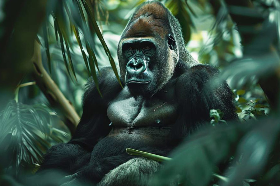 Een gorilla die in een jungle zit