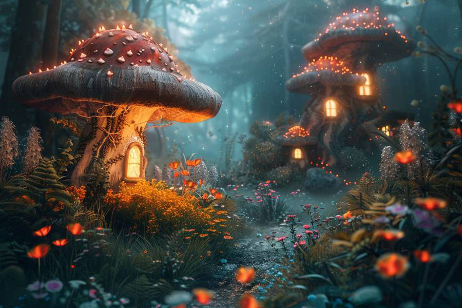 Una foresta da fiaba stravagante con funghi di grandi dimensioni