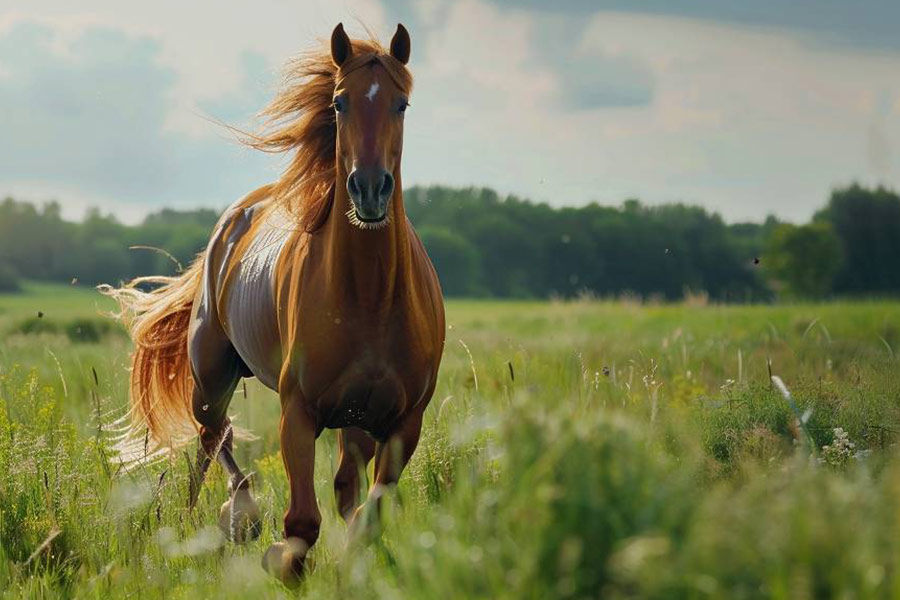 Paard galoppeert in een groene weide 1