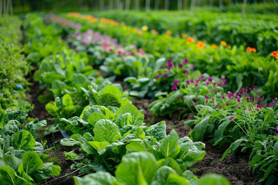 Un pittoresco orto con file di verdure fresche e verdi