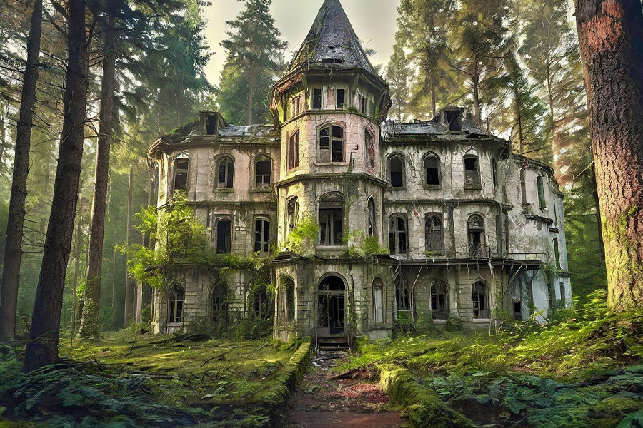 Edificio in rovina nella foresta