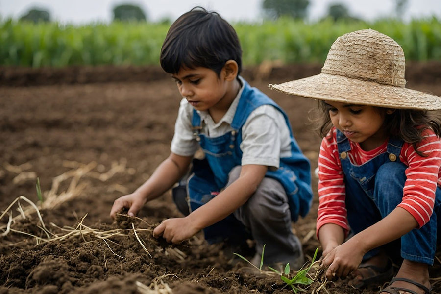 Due bambini nella fattoria che giocano
