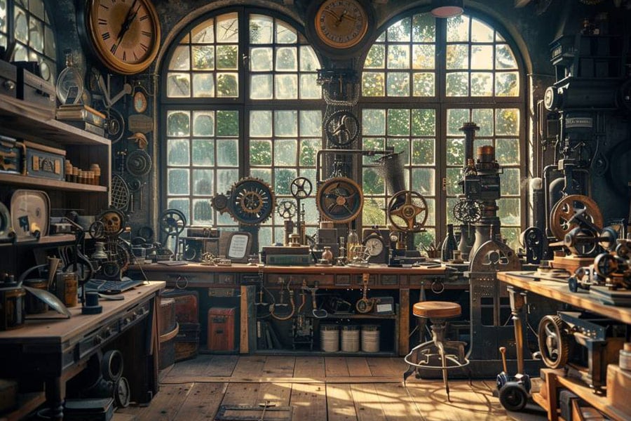 Laboratorio magico steampunk pieno di belle invenzioni