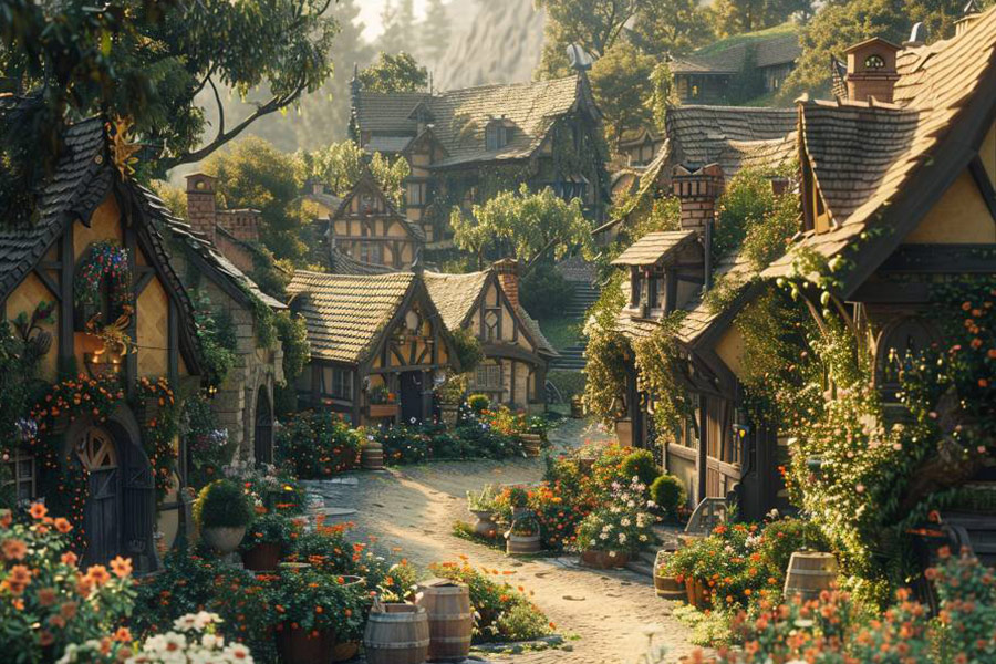 Bellissimo paesaggio di villaggio fantasy