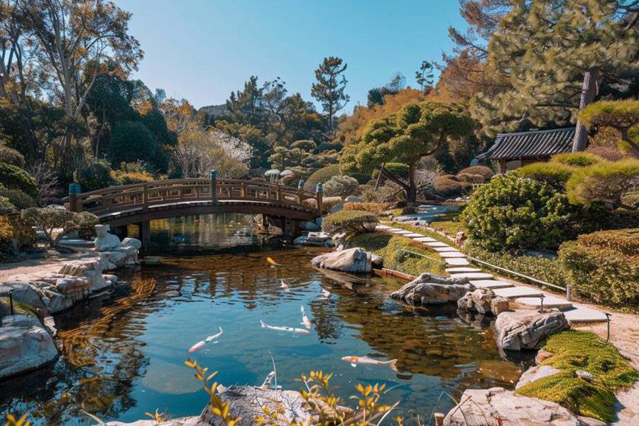 Un jardín de té japonés con estanque.