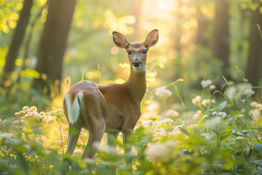 Ein Reh steht im Sonnenlicht im Wald