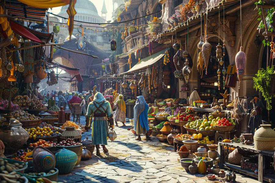 Una fantasia di una scena di mercato