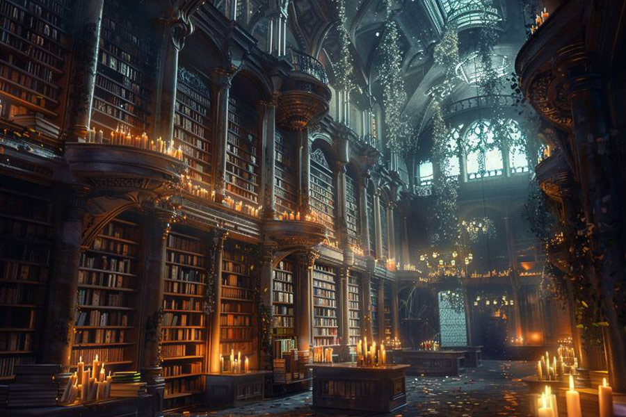 Un'antica biblioteca incantata piena di torri