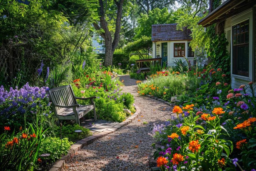 Incantevole giardino cottage con sentieri tortuosi di una varietà
