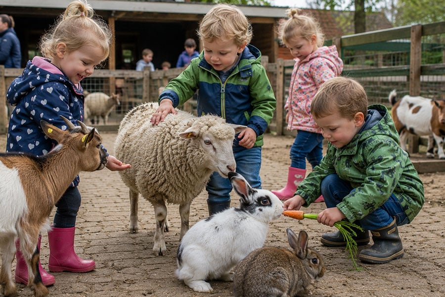 Niños interactuando con animales