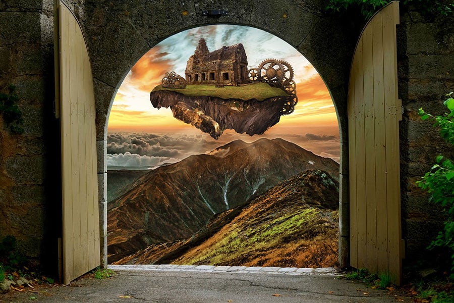 Puerta de piedra con vistas a la isla flotante
