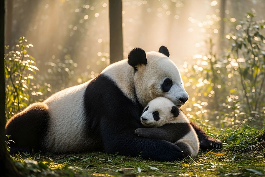Una panda gigante con su cría en un acogedor bosque soleado.