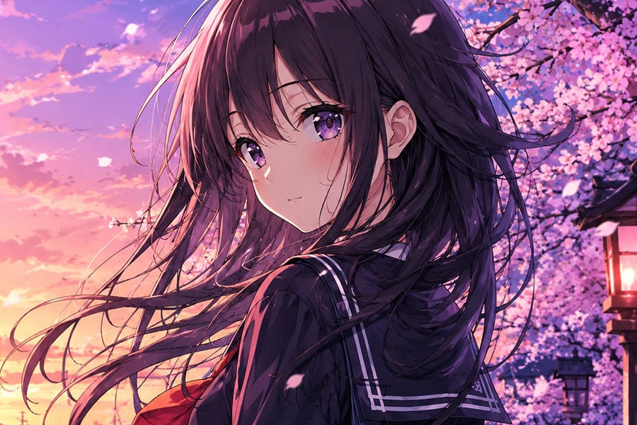 Chica anime con cabello oscuro y uniforme escolar.